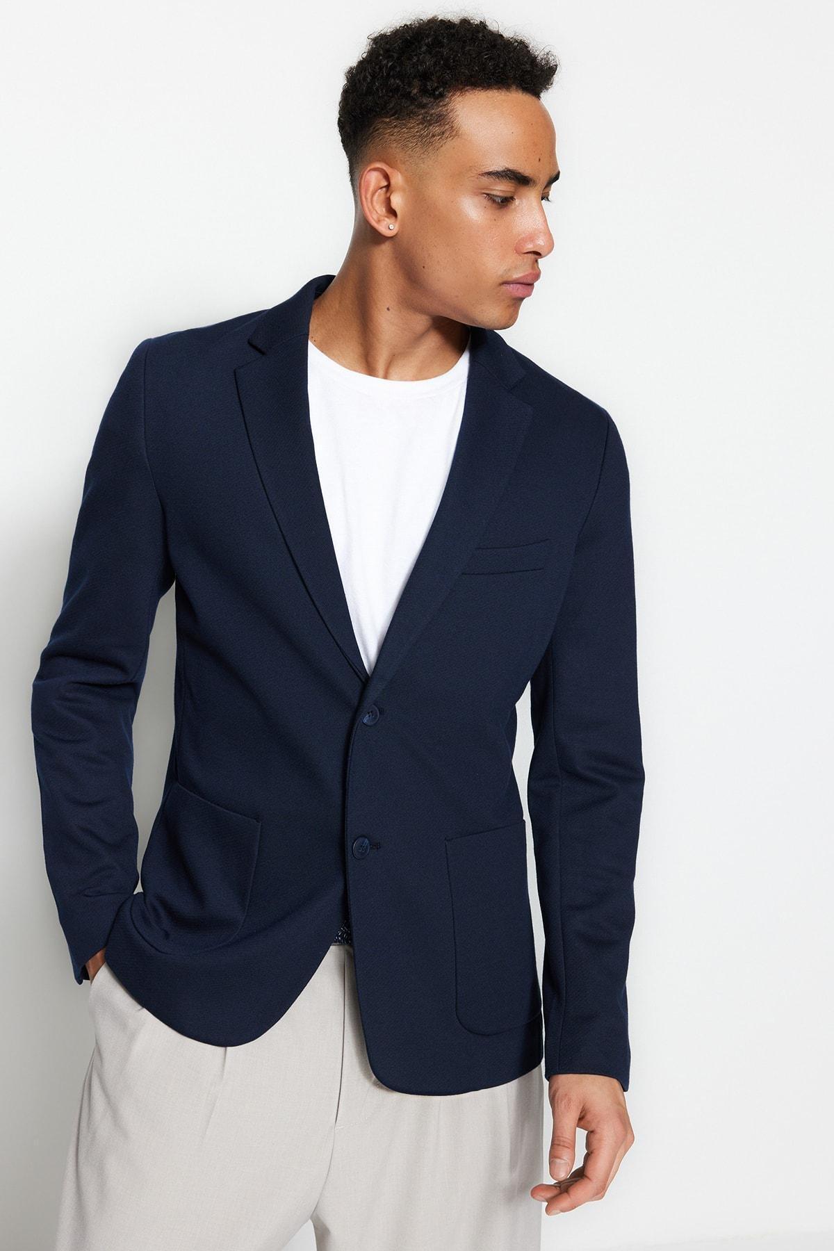 Navy Slim Lapel Collar Jacket, , large image number 4