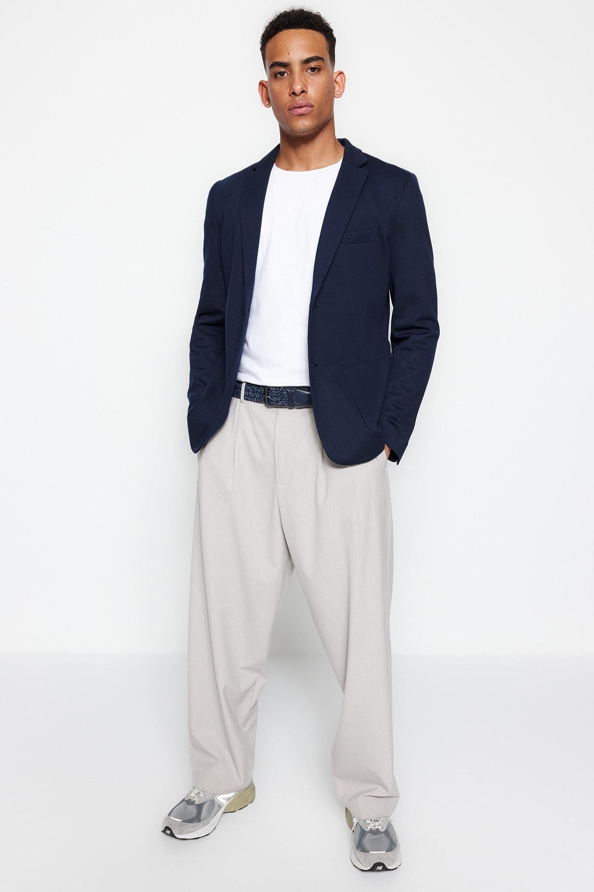 Navy Slim Lapel Collar Jacket, , large image number 5
