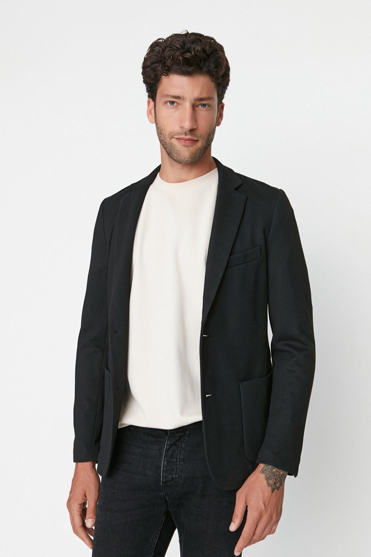 Black Slim Lapel Collar Jacket, Black, large image number 0