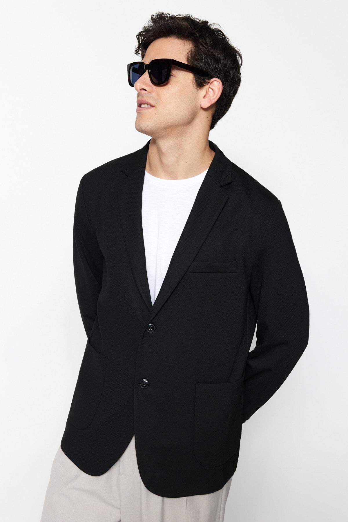 Black Slim Lapel Collar Jacket, Black, large image number 2