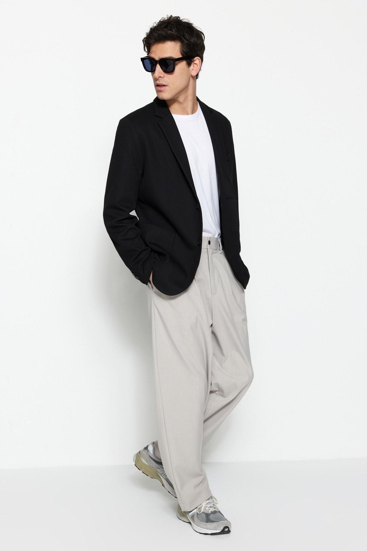 Black Slim Lapel Collar Jacket, Black, large image number 3