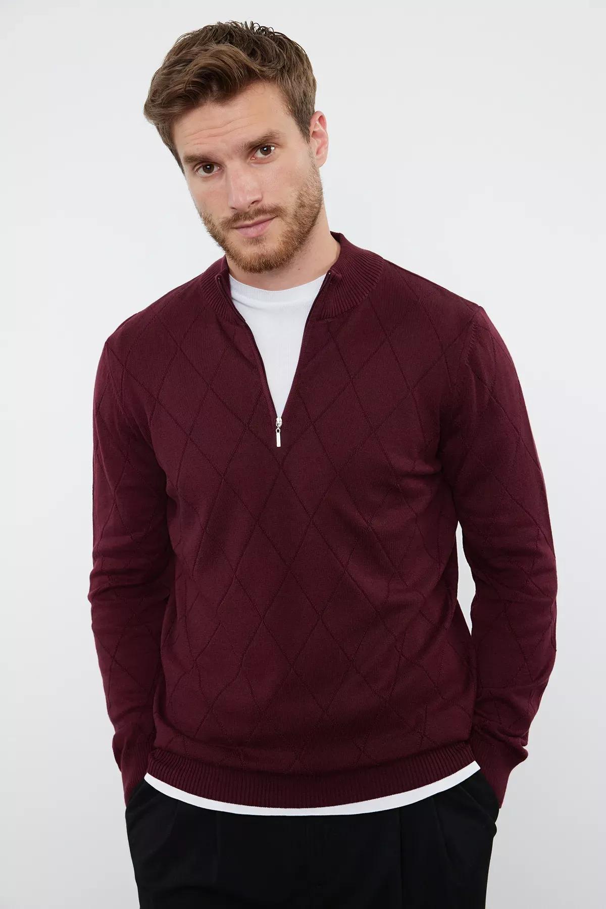 Red Zipper Collar Knit Sweater, Burgundy, medium