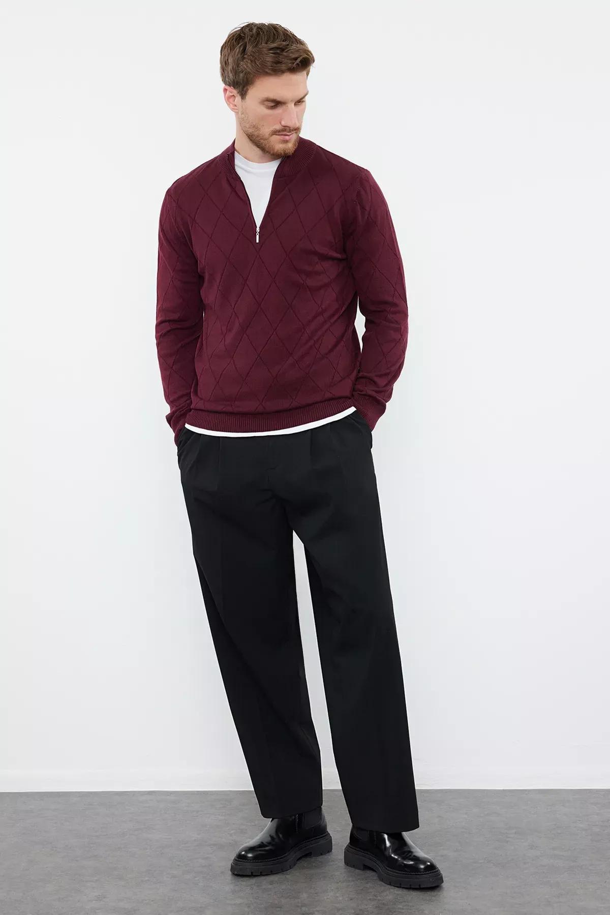 Red Zipper Collar Knit Sweater, Burgundy, medium