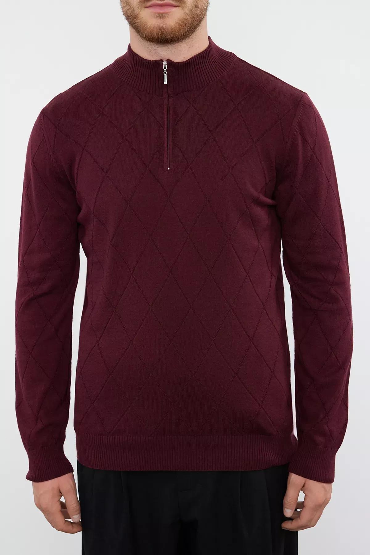 Red Zipper Collar Knit Sweater, Burgundy, large image number 2