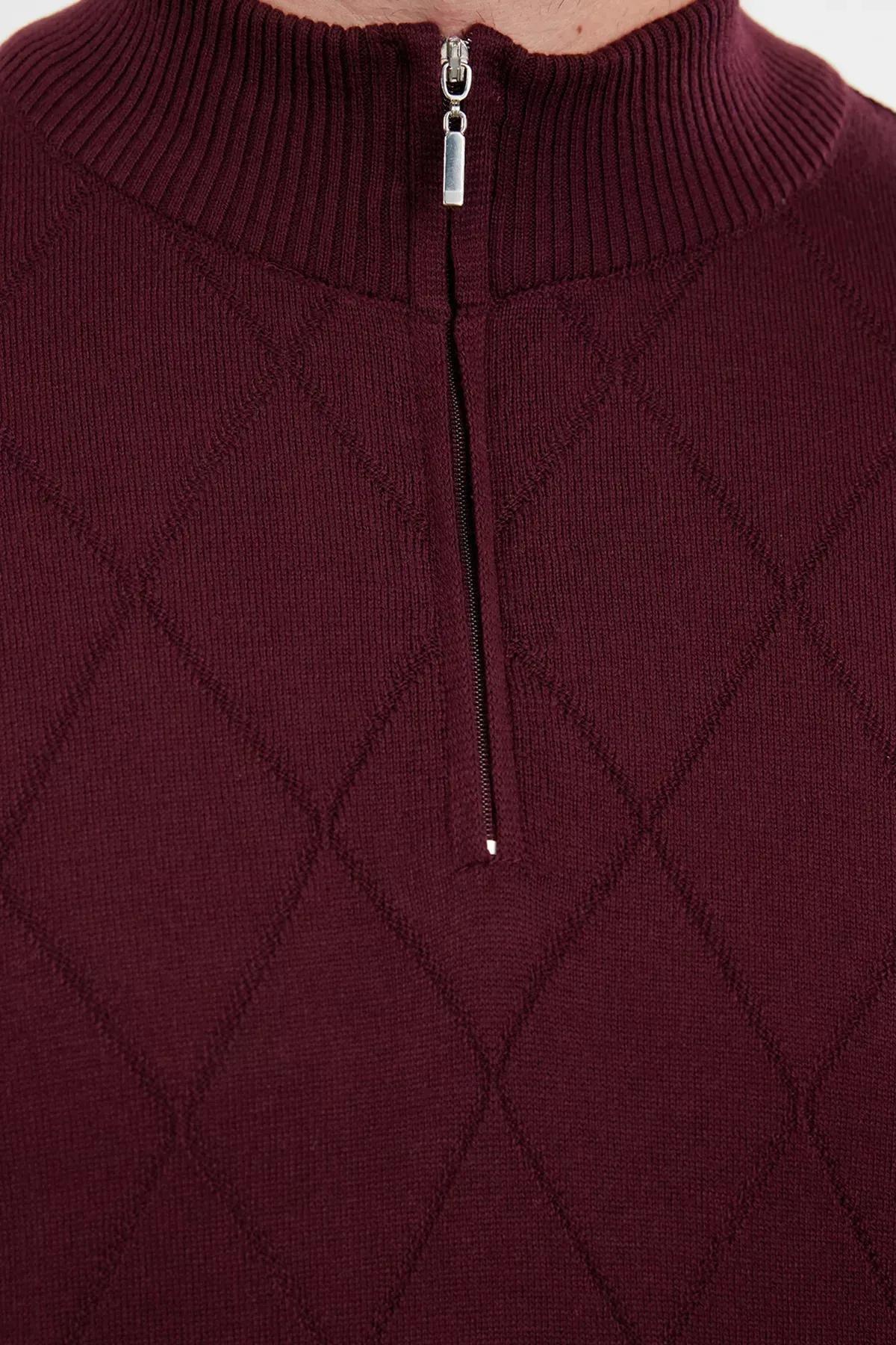 Red Zipper Collar Knit Sweater, Burgundy, large image number 3