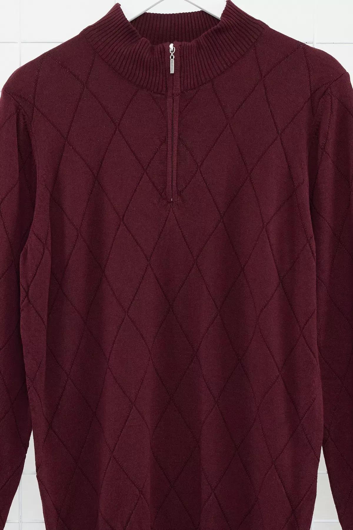 Red Zipper Collar Knit Sweater, Burgundy, large image number 5