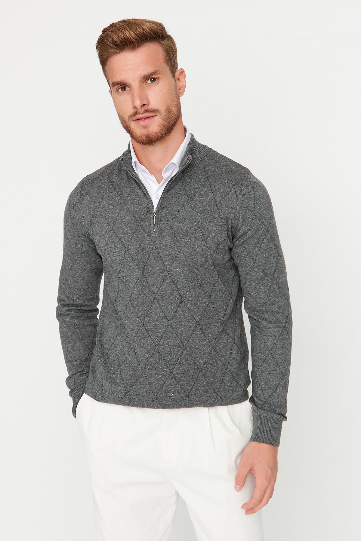 Trendyol - Gray Diamond Pattern High Neck Sweater