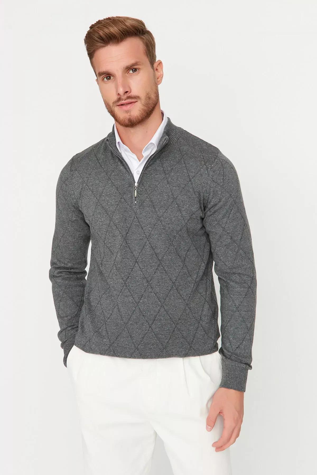 Gray Diamond Pattern High Neck Sweater, Gray, medium