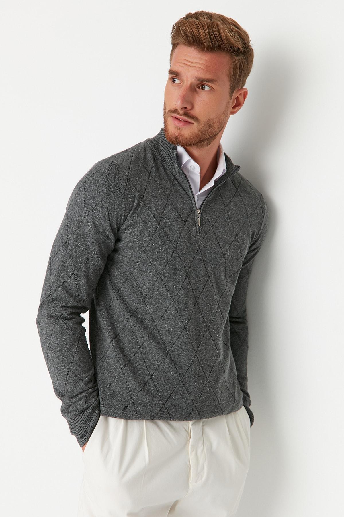 Trendyol - Gray Diamond Pattern High Neck Sweater