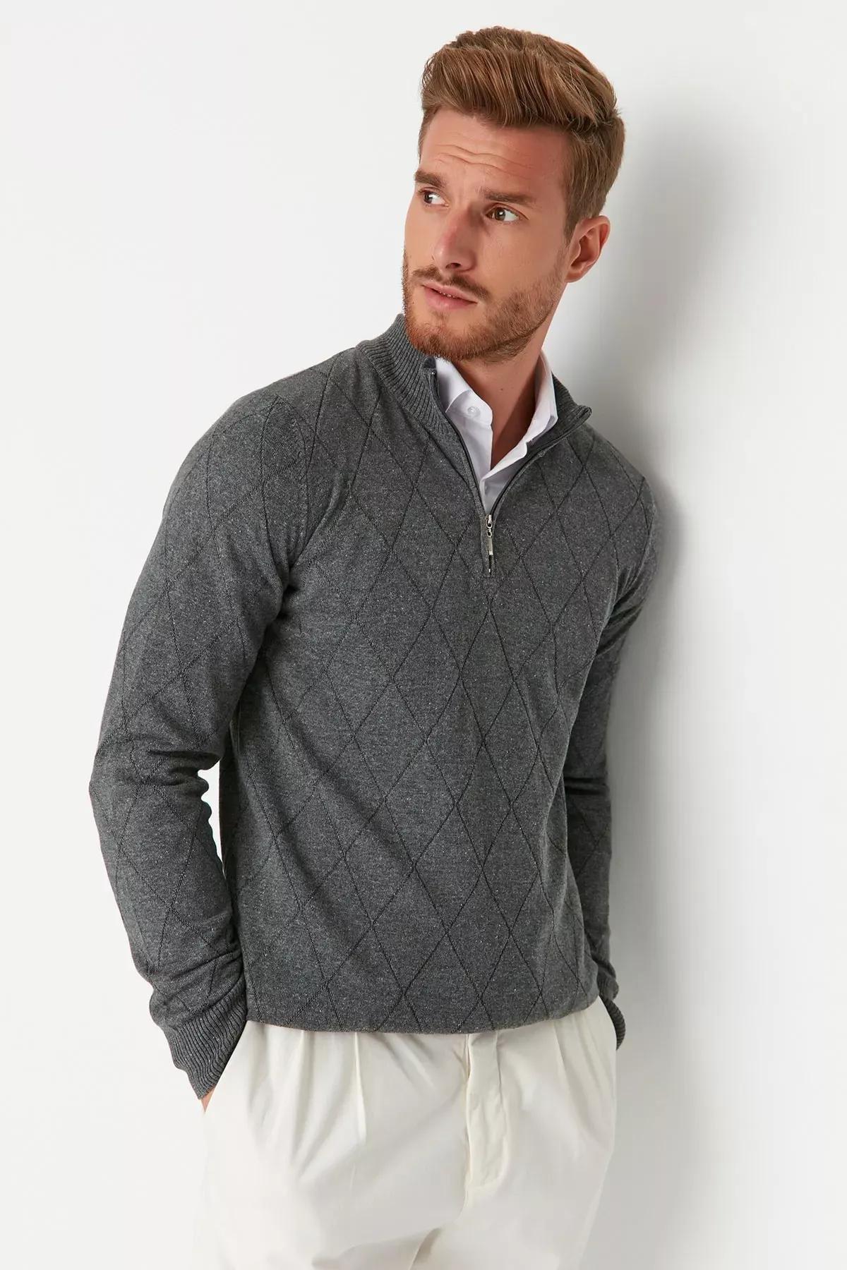 Gray Diamond Pattern High Neck Sweater, Gray, medium