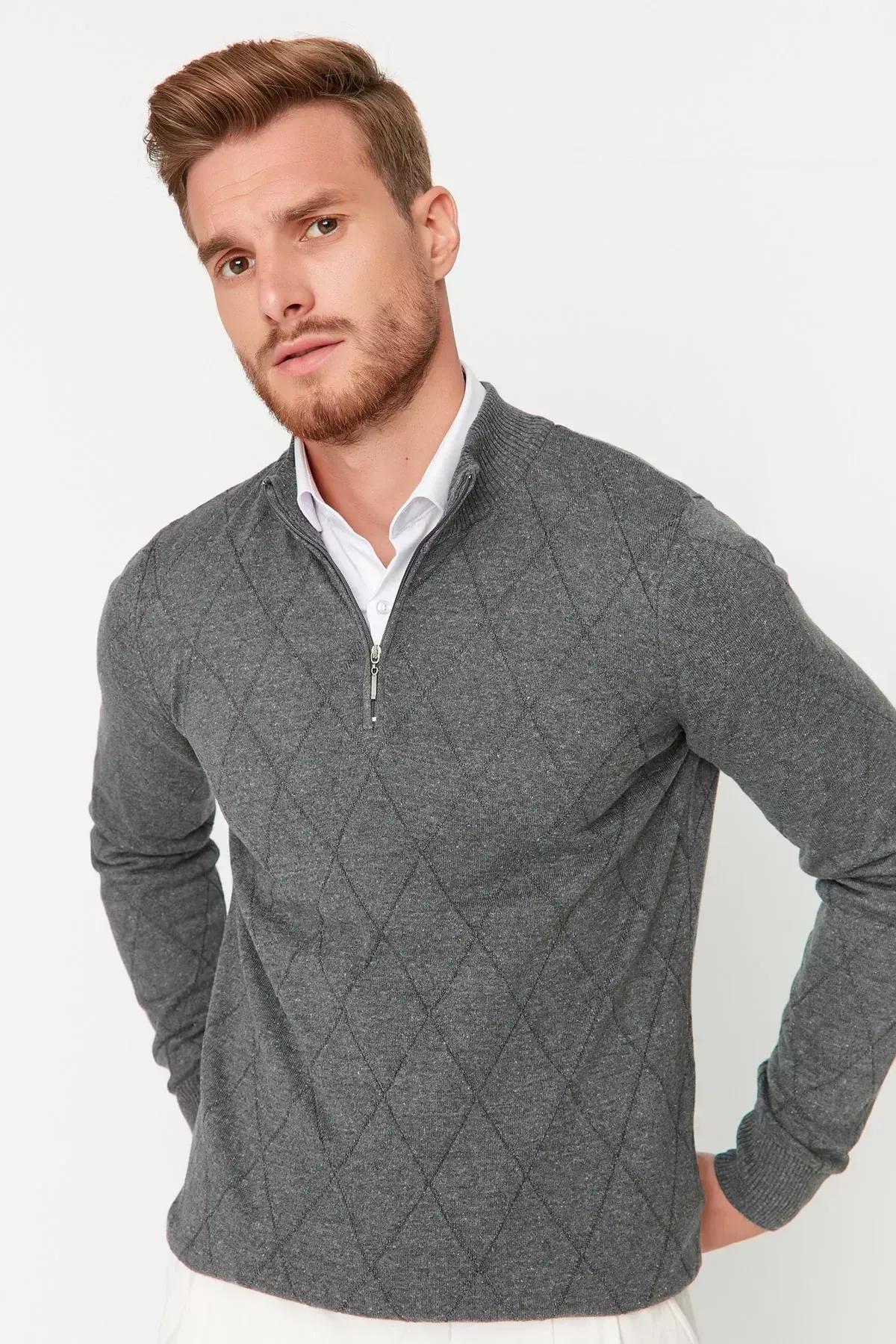 Gray Diamond Pattern High Neck Sweater, Gray, medium