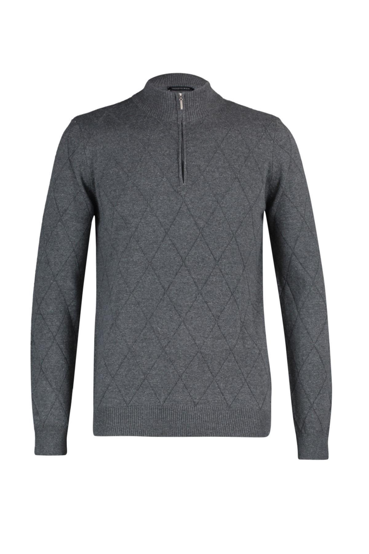 Trendyol - Gray Diamond Pattern High Neck Sweater