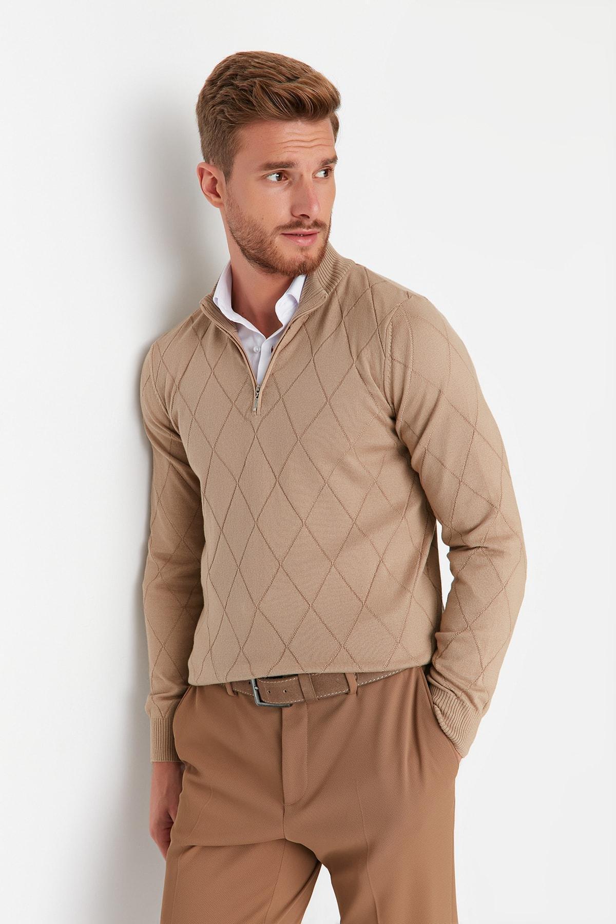 Brown Crew Neck Slim Sweater, , large image number 0