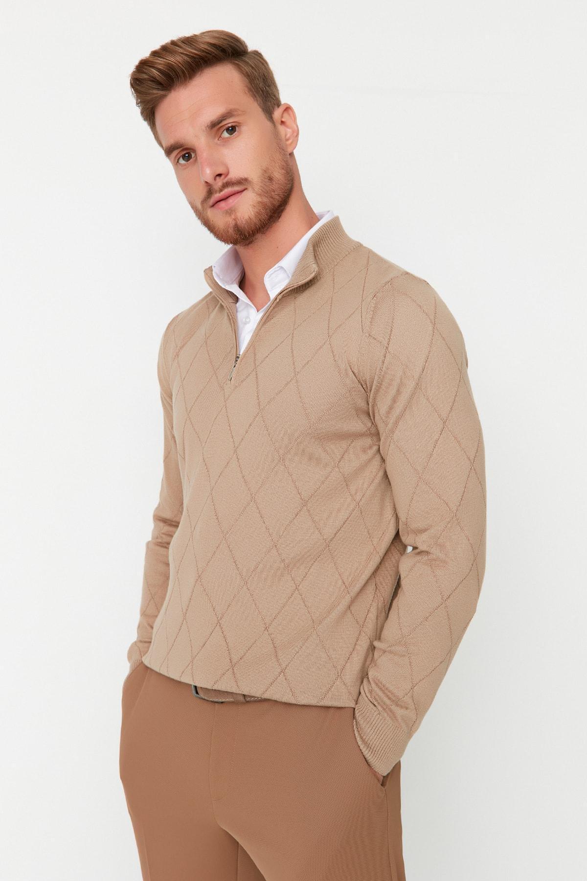 Brown Crew Neck Slim Sweater, , large image number 1