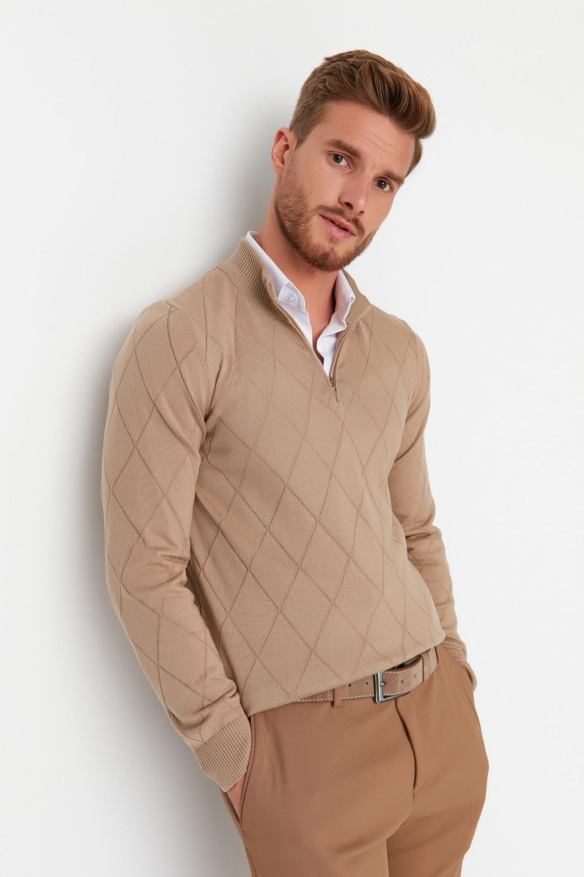 Trendyol - Brown Crew Neck Slim Sweater