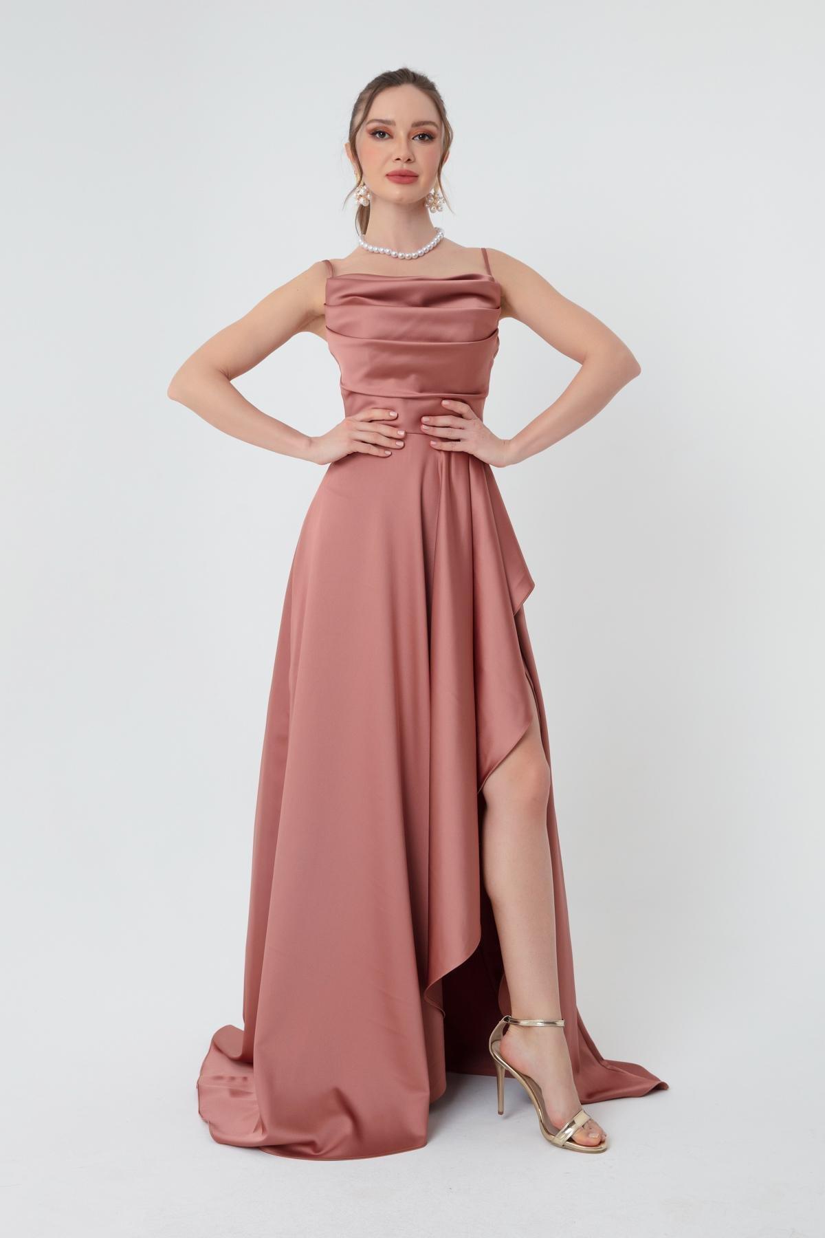 Lafaba - Pink Occasion Wear Dress With A Slit In Satin
