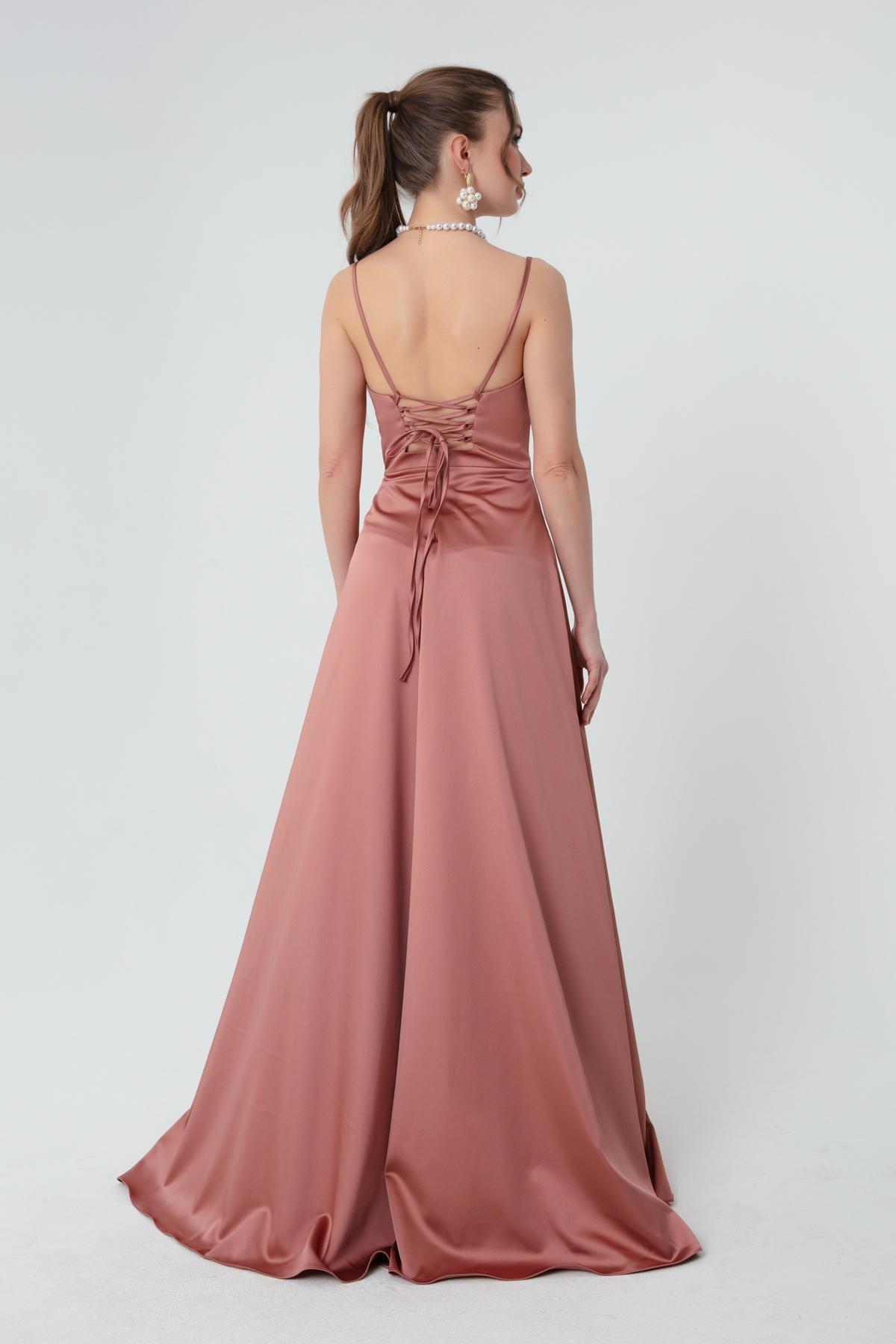 Lafaba - Pink Occasion Wear Dress With A Slit In Satin