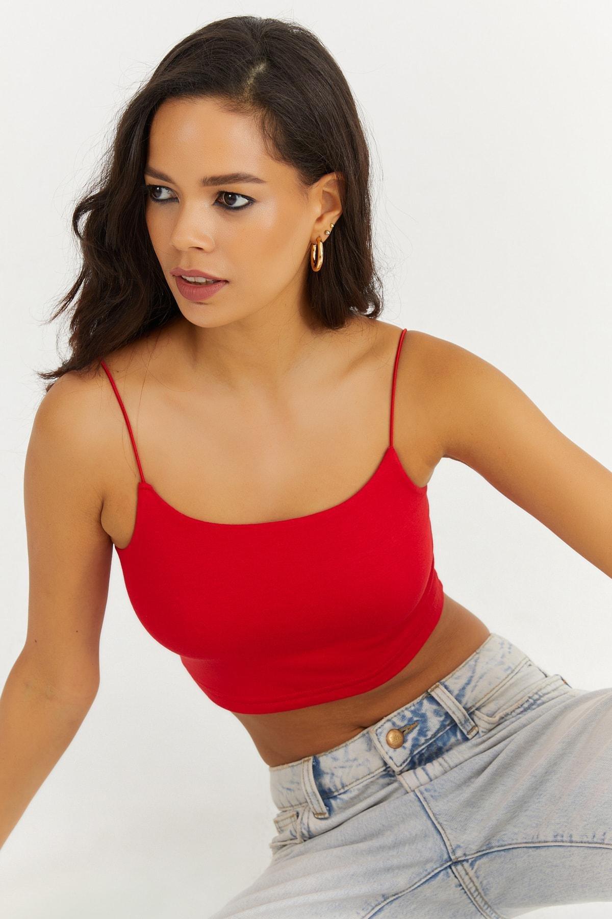 Red Strappy Crop Top, Red, large image number 1