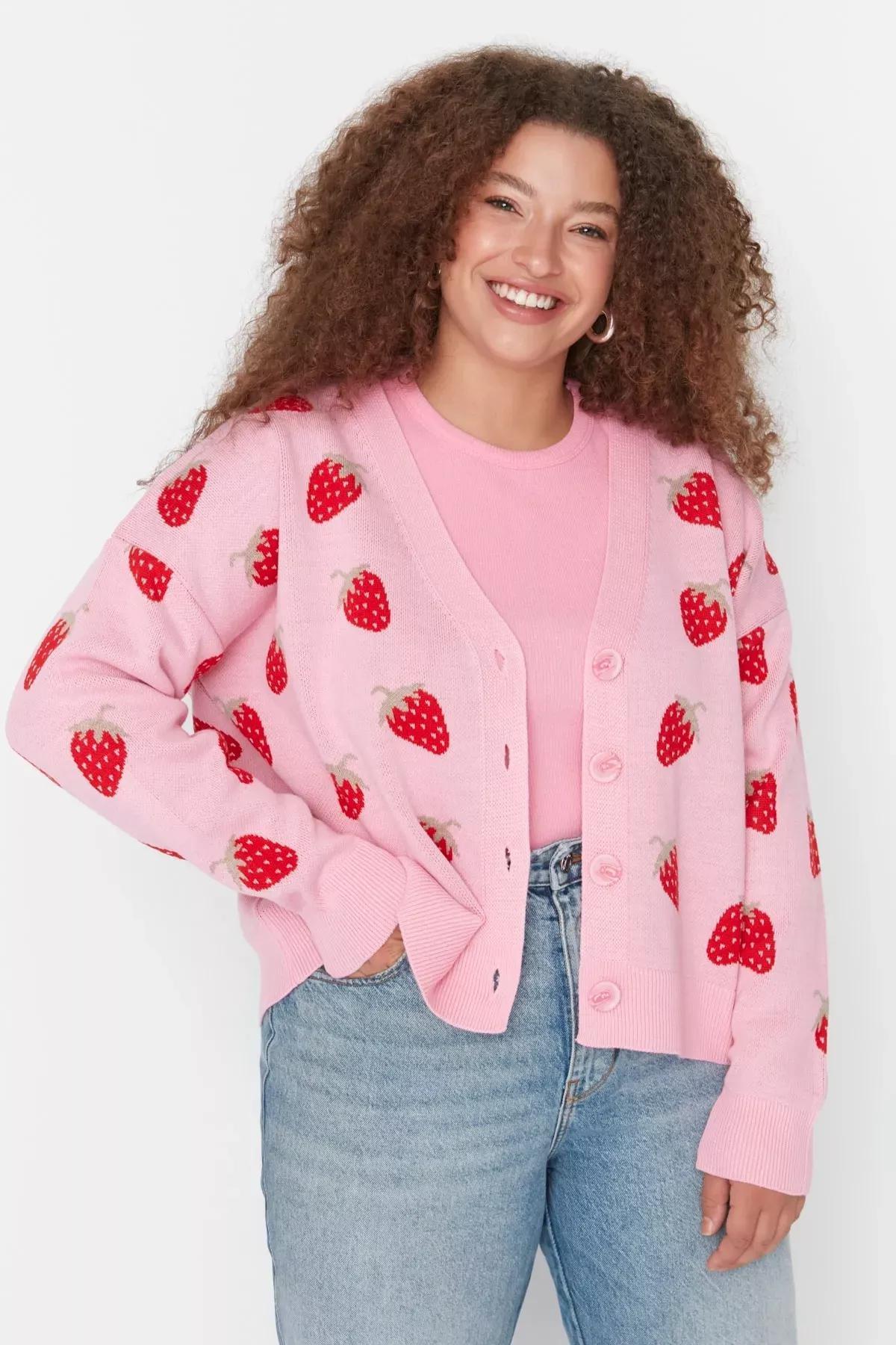 Pink Floral Plus Size Cardigan, Pink, medium