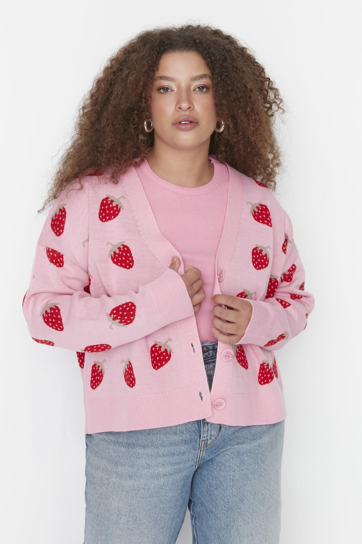 Pink Floral Plus Size Cardigan, , large image number 1