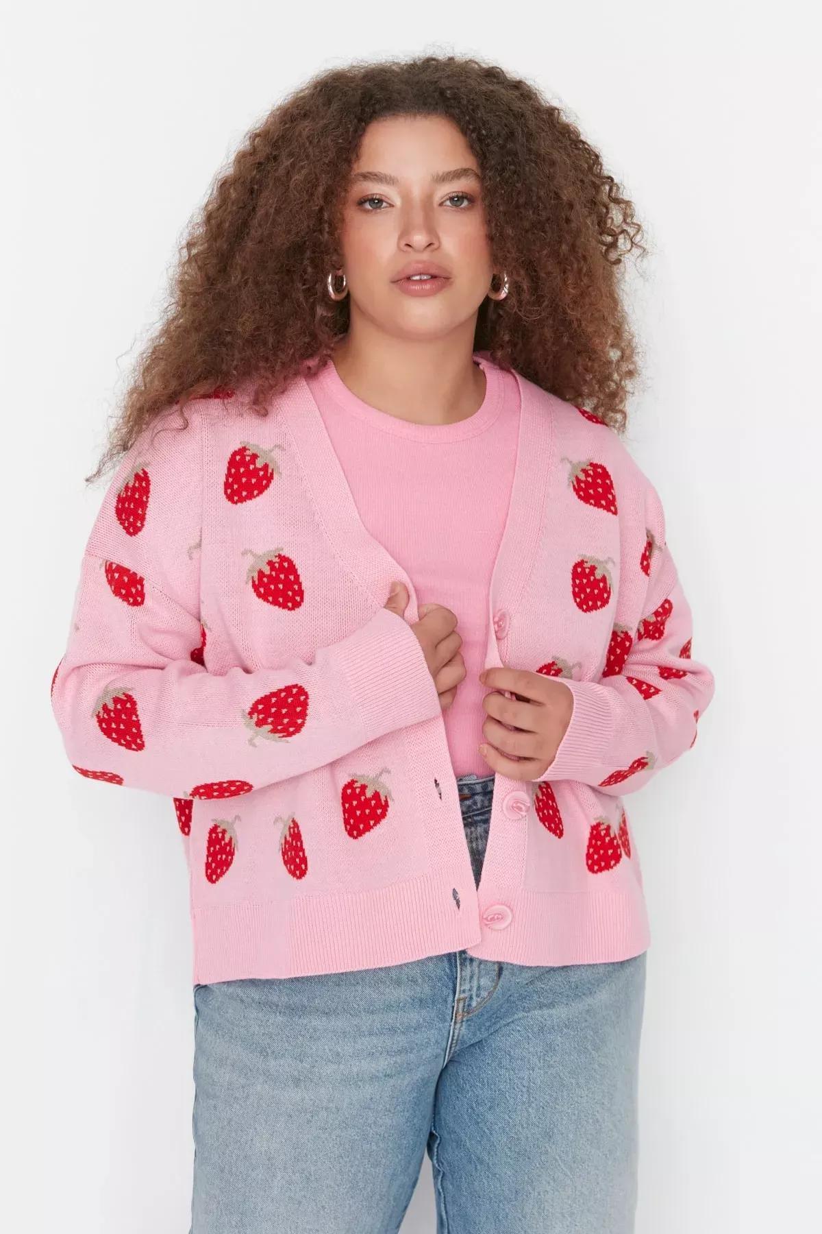 Pink Floral Plus Size Cardigan, Pink, medium