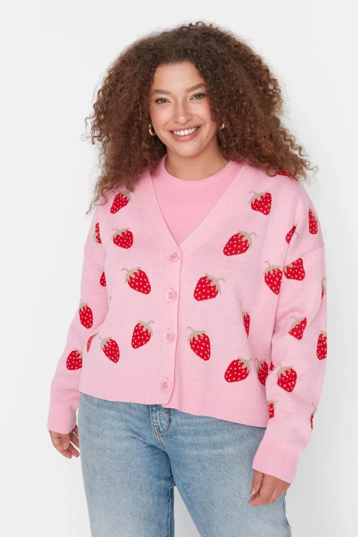 Pink Floral Plus Size Cardigan, Pink, medium