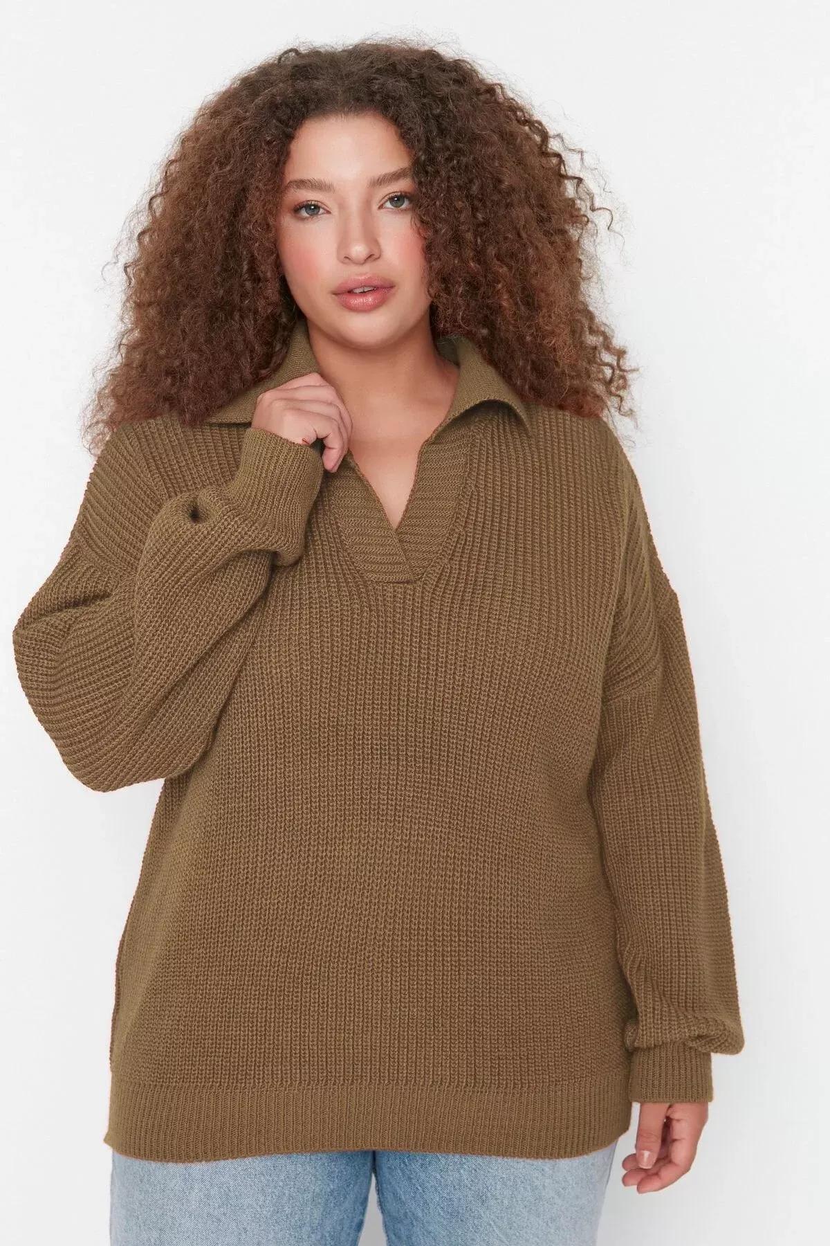 Brown Polo Neck Plus Size Sweater, Brown, large image number 0