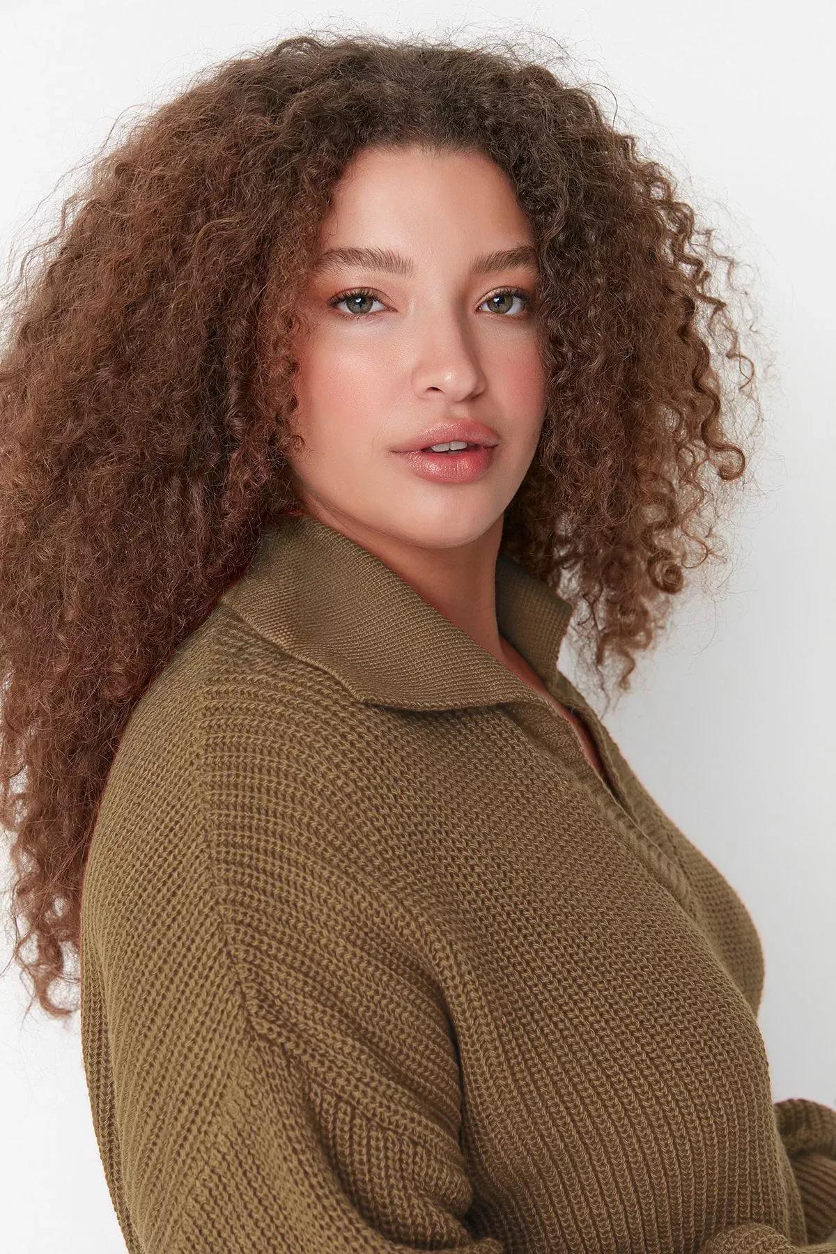 Brown Polo Neck Plus Size Sweater, Brown, large image number 1