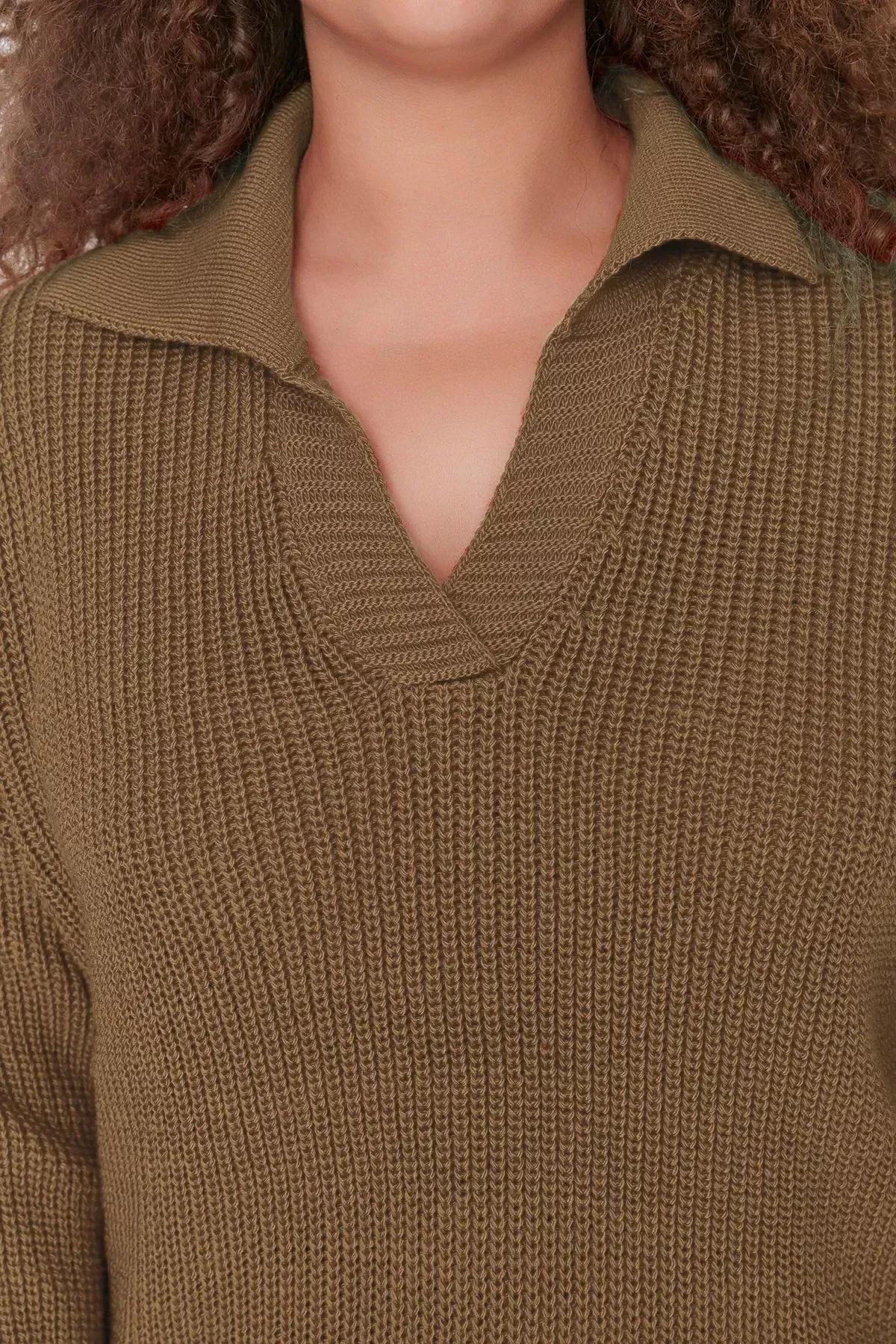 Brown Polo Neck Plus Size Sweater, Brown, large image number 2