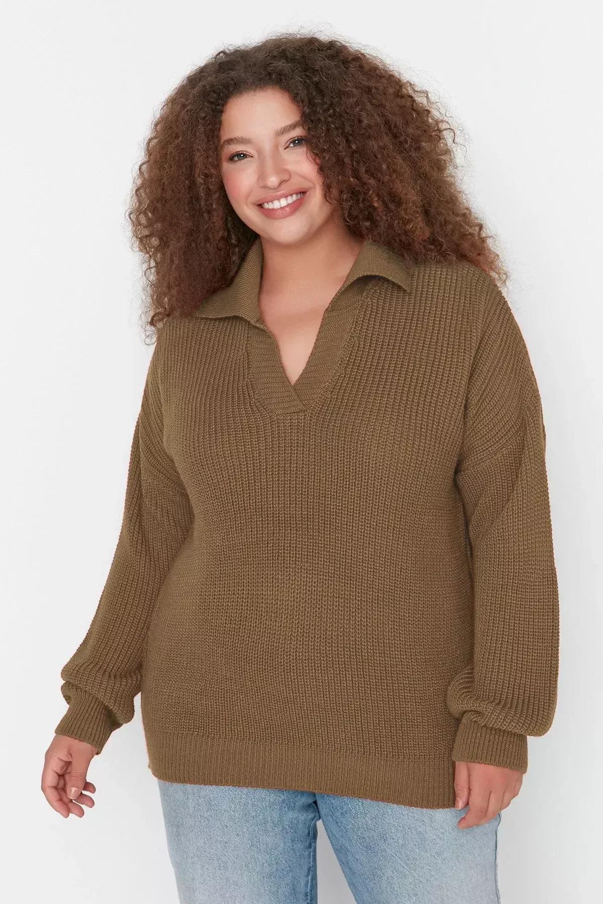 Brown Polo Neck Plus Size Sweater, Brown, large image number 3