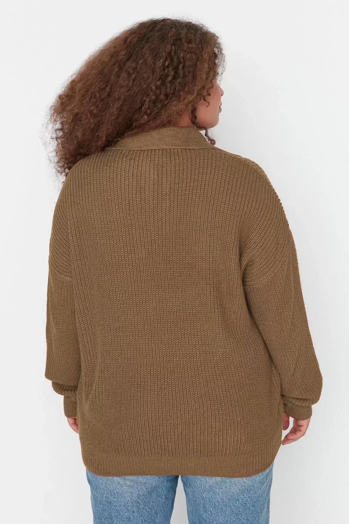 Brown Polo Neck Plus Size Sweater, Brown, large image number 4