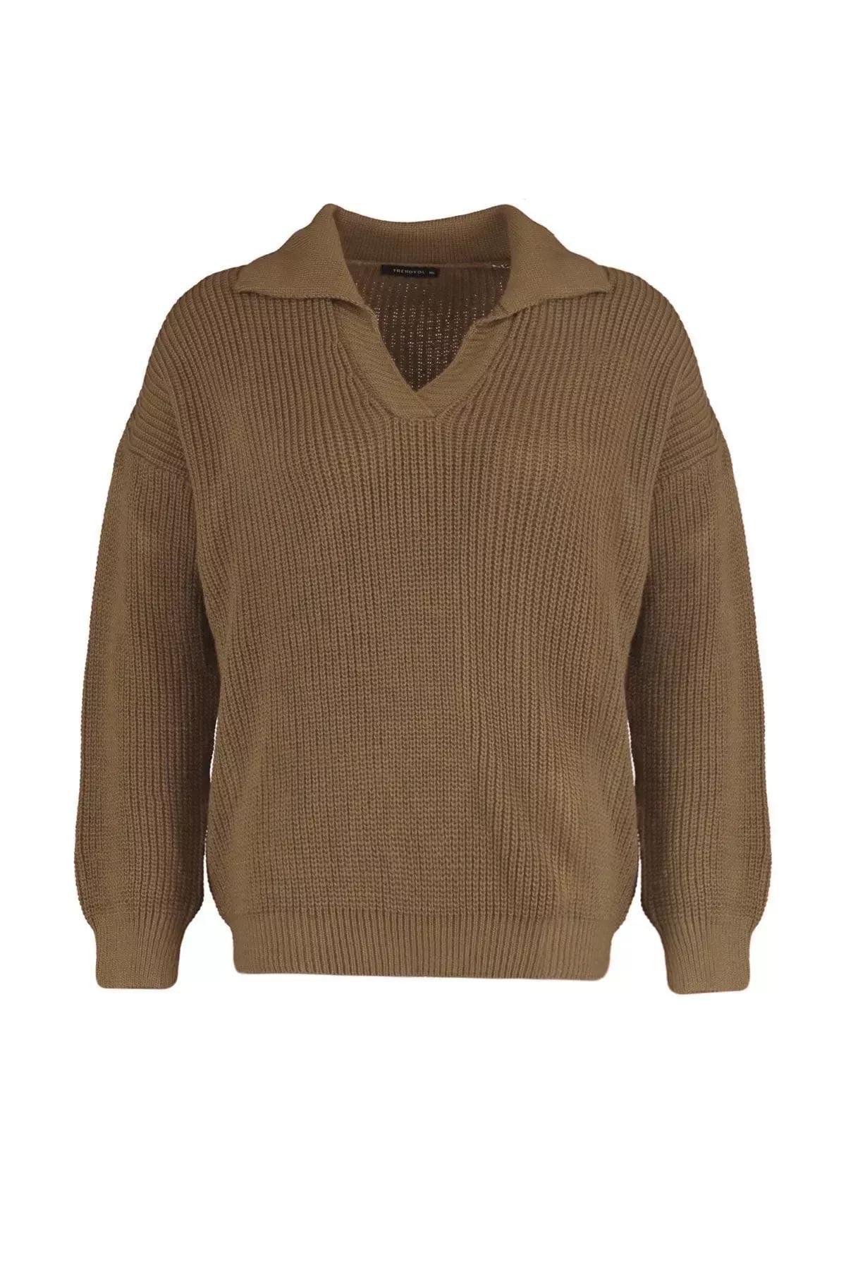 Brown Polo Neck Plus Size Sweater, Brown, large image number 5
