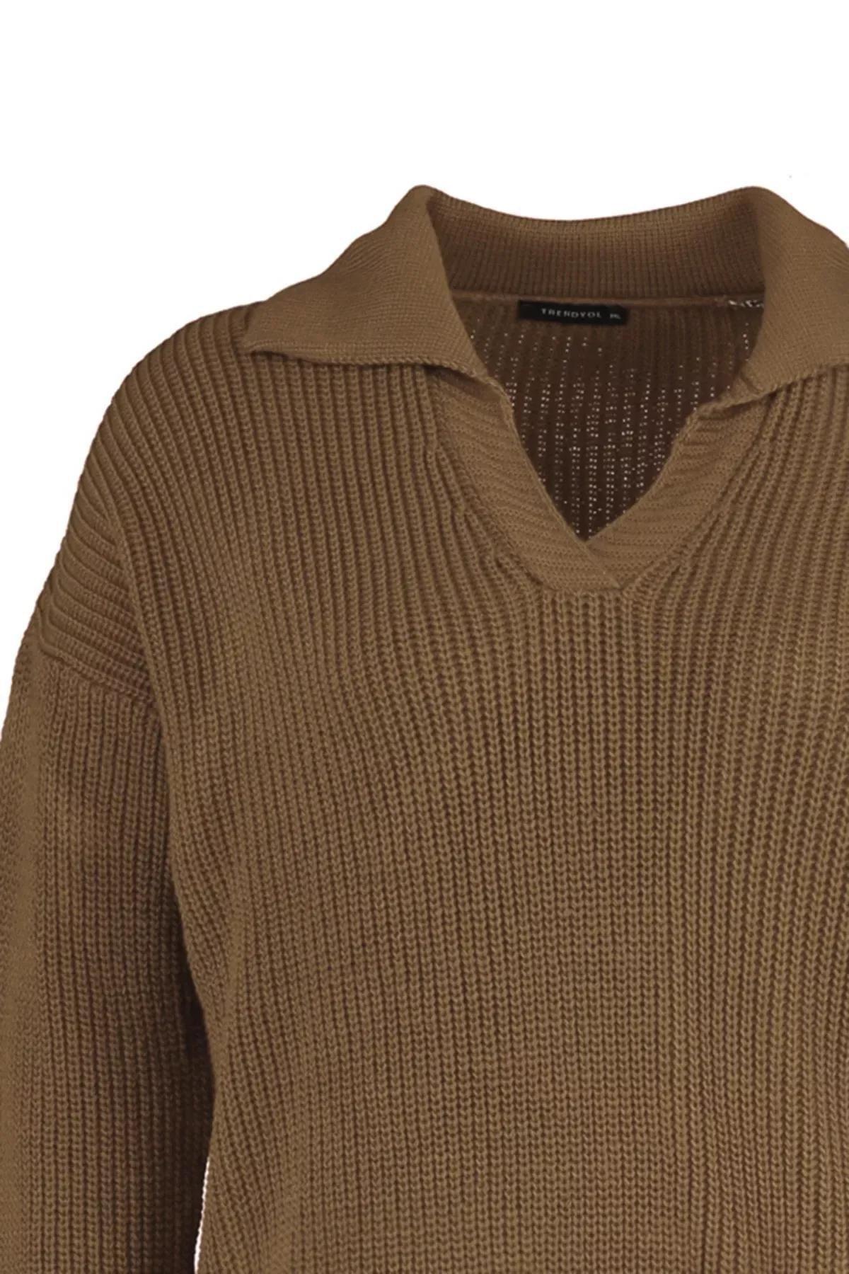 Brown Polo Neck Plus Size Sweater, Brown, large image number 6