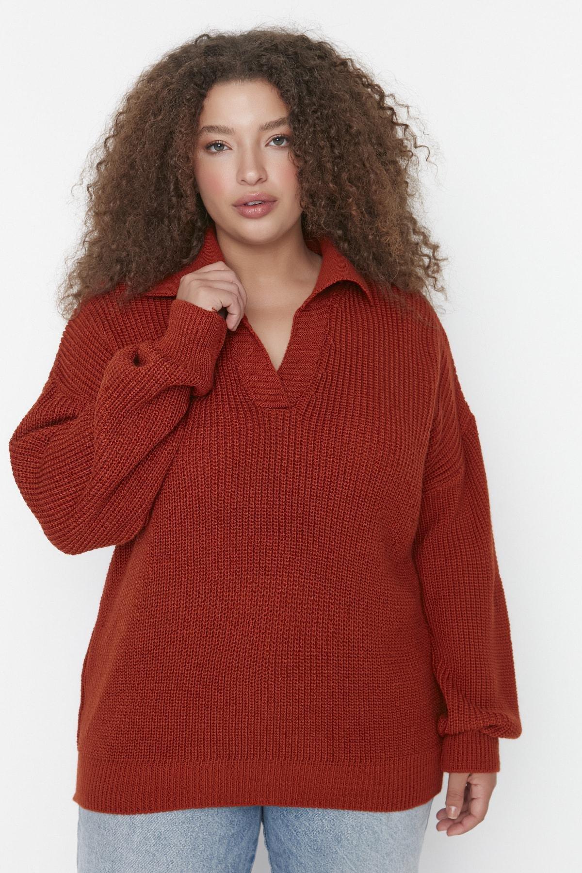 Red Polo Neck Plus Size Sweater, , large image number 0