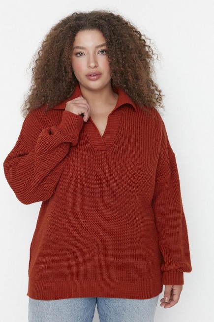 Trendyol - Red Polo Neck Plus Size Sweater