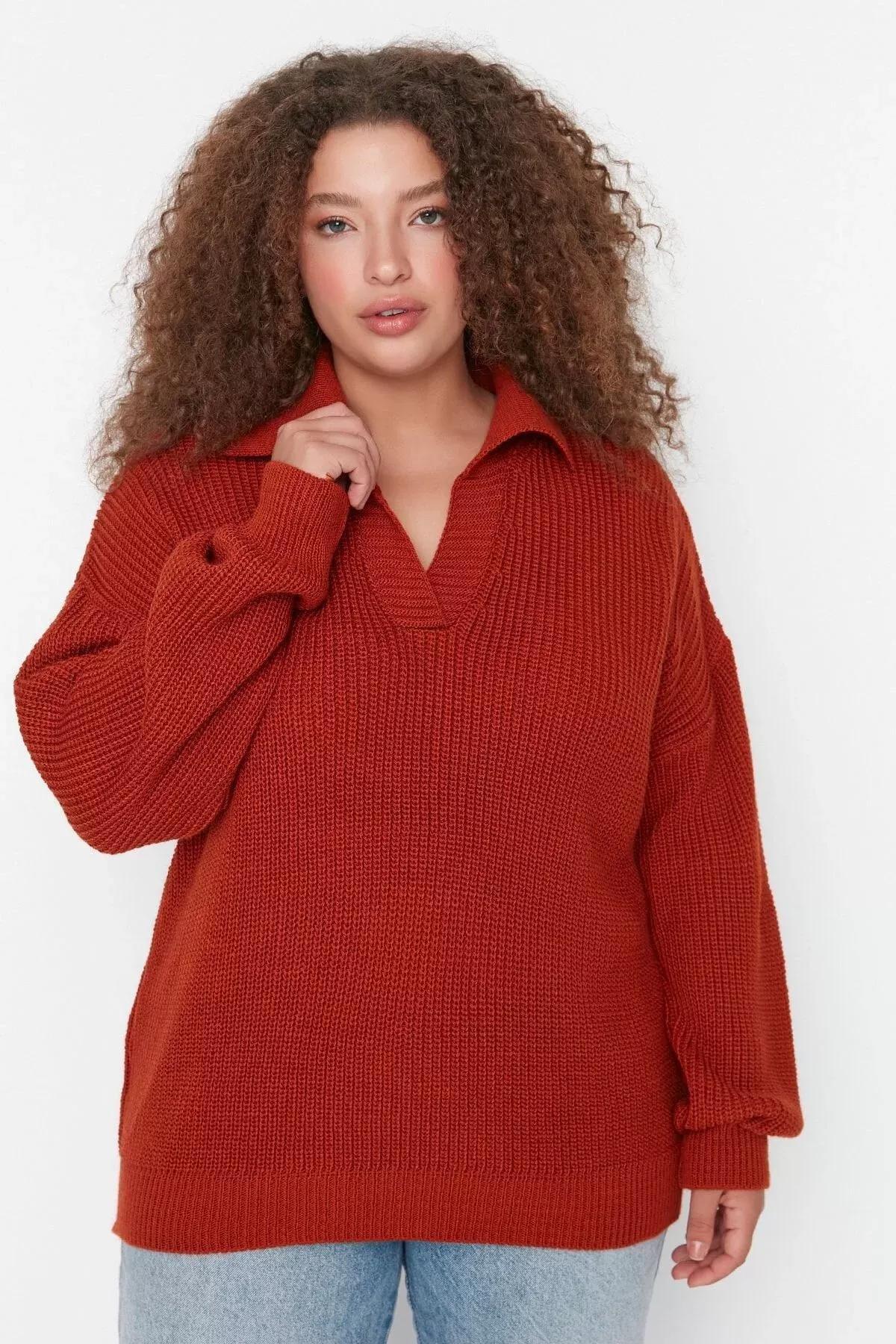 Red Polo Neck Plus Size Sweater, Red, medium