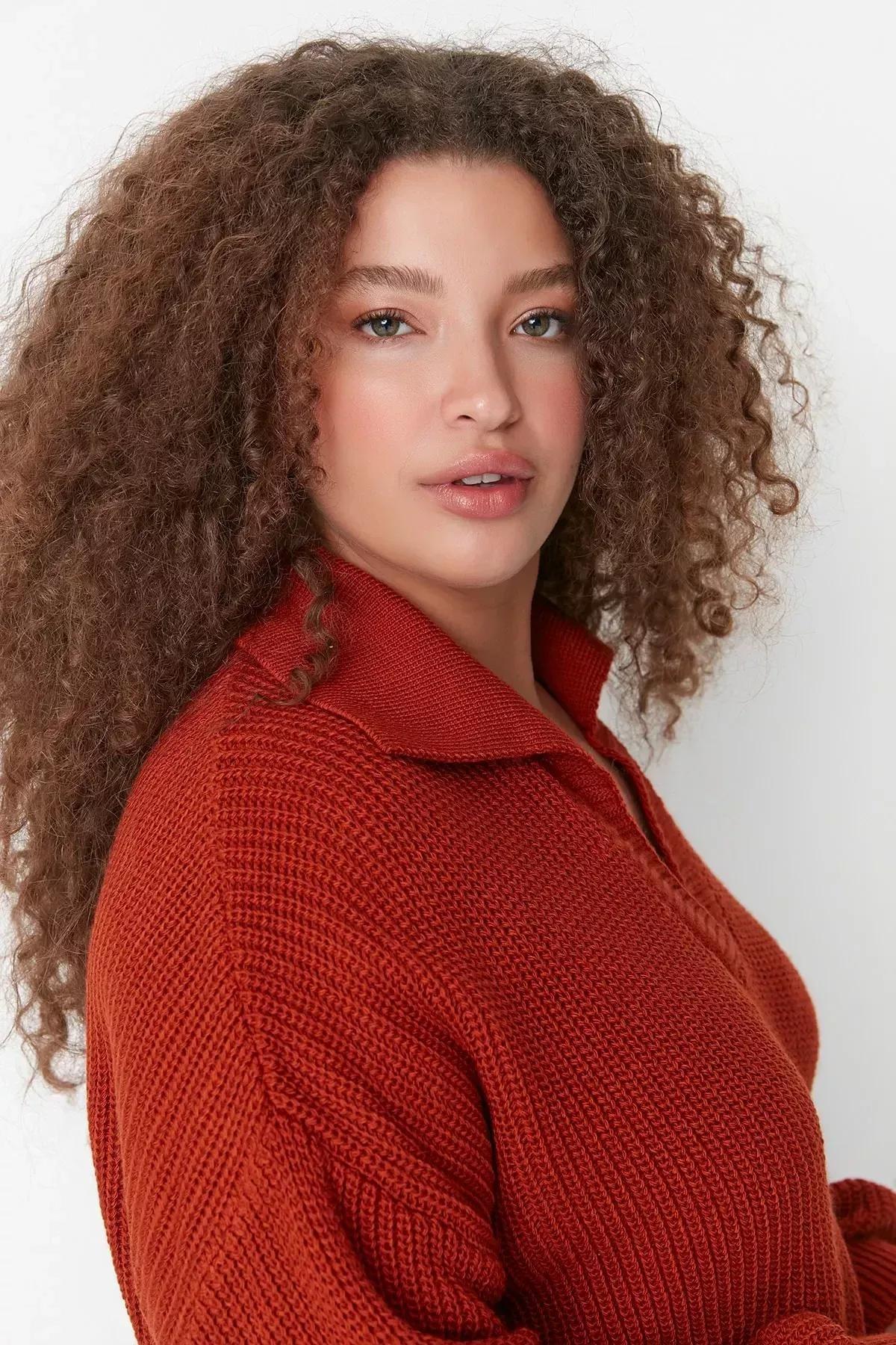 Red Polo Neck Plus Size Sweater, Red, medium