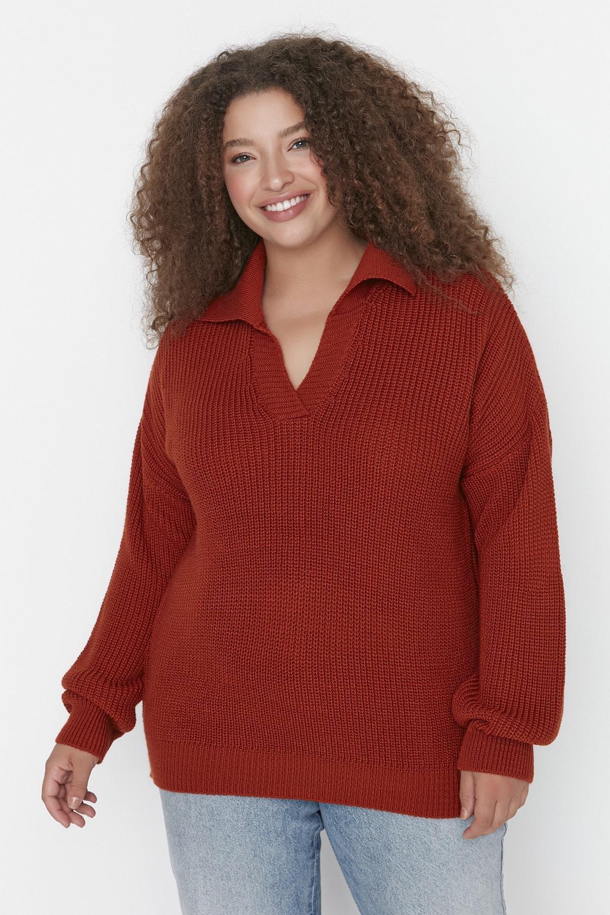 Red Polo Neck Plus Size Sweater, , large image number 3