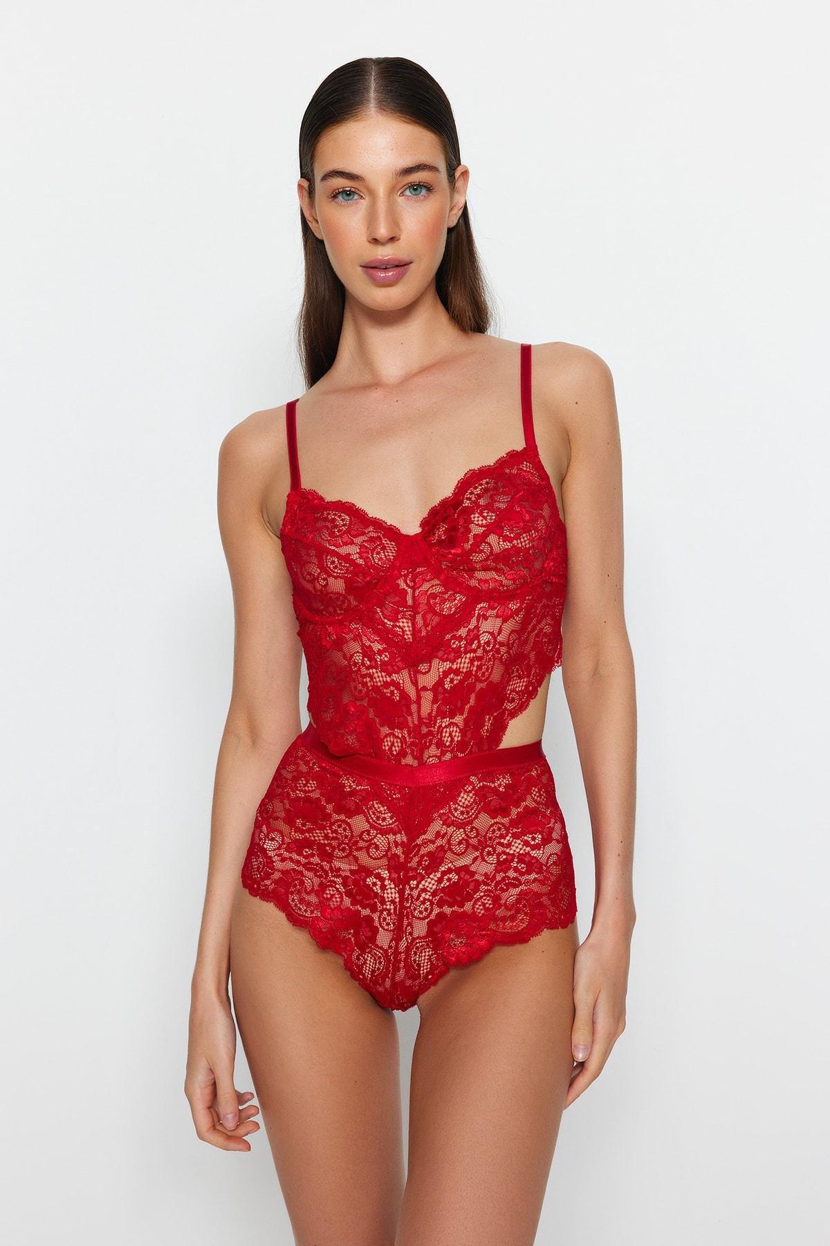 Red V-Neck Bodysuit, , large image number 0