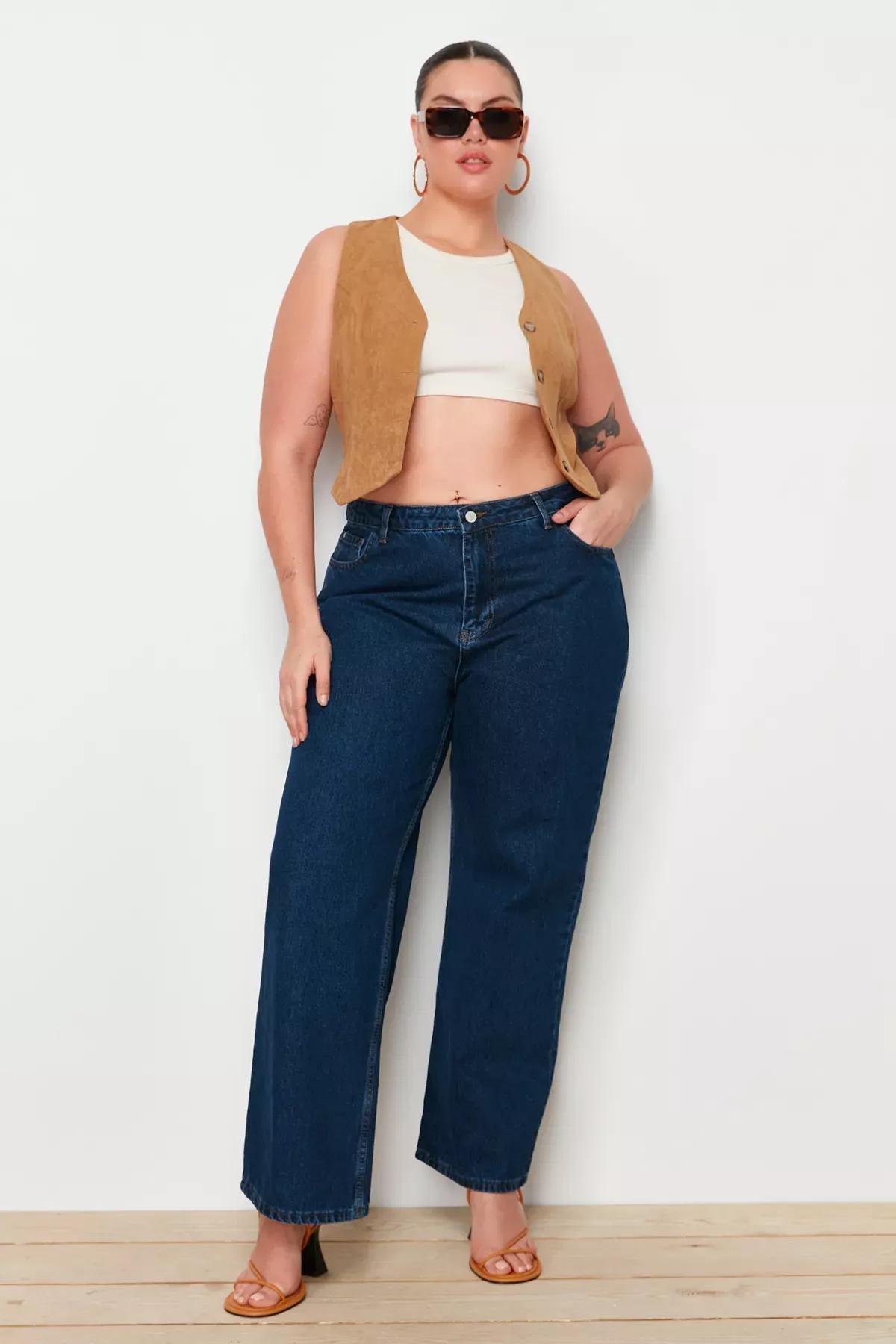 Navy Wide Leg Plus Size Jeans, Dark blue, large image number 0