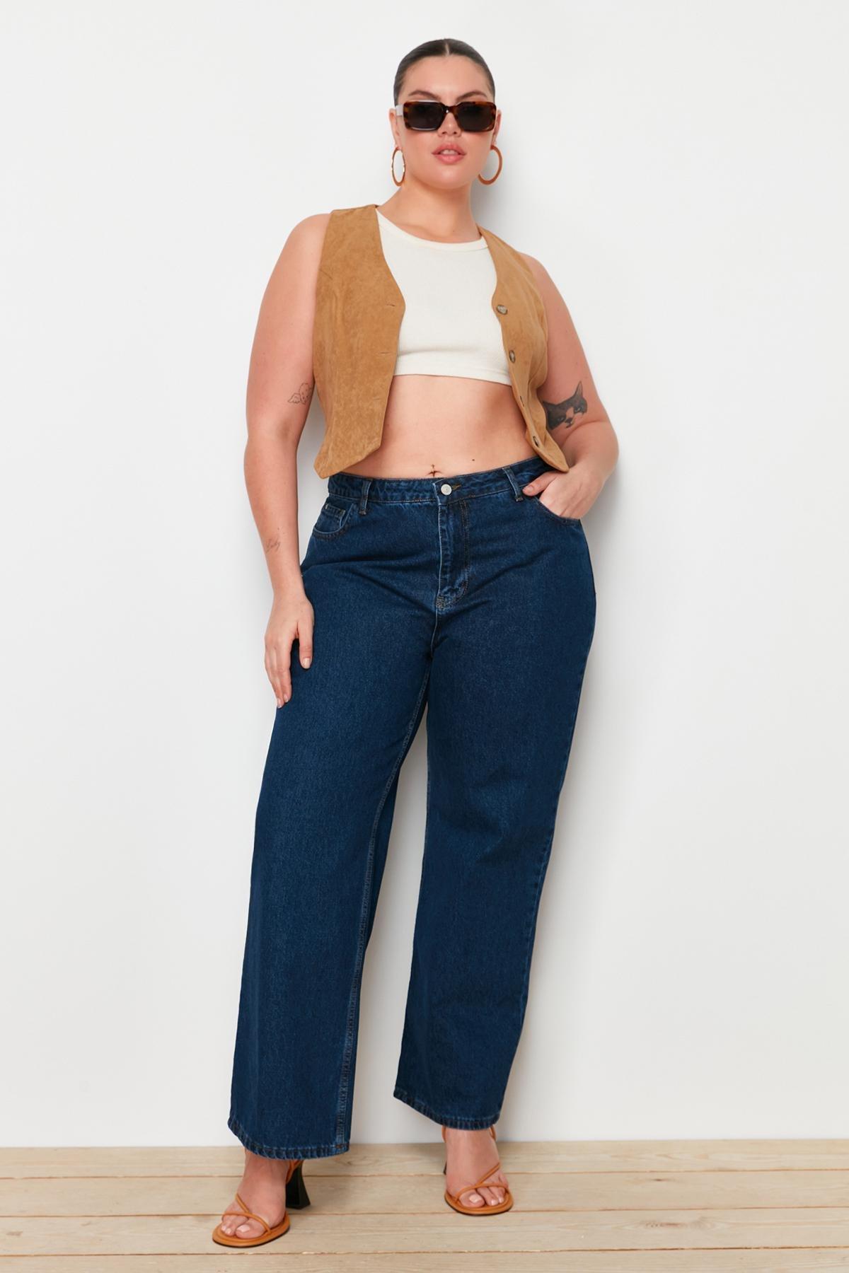 Navy Wide Leg Plus Size Jeans, , large image number 1