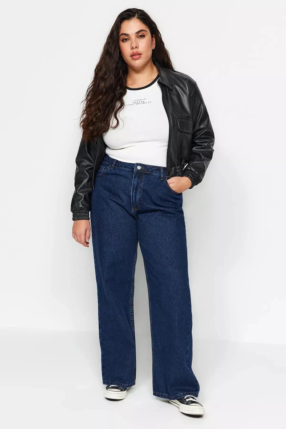 Navy Wide Leg Plus Size Jeans, Dark blue, large image number 5