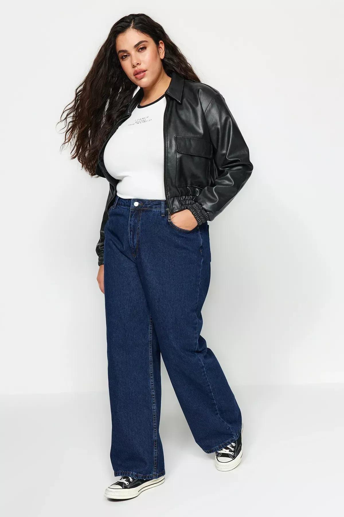 Navy Wide Leg Plus Size Jeans, Dark blue, large image number 7