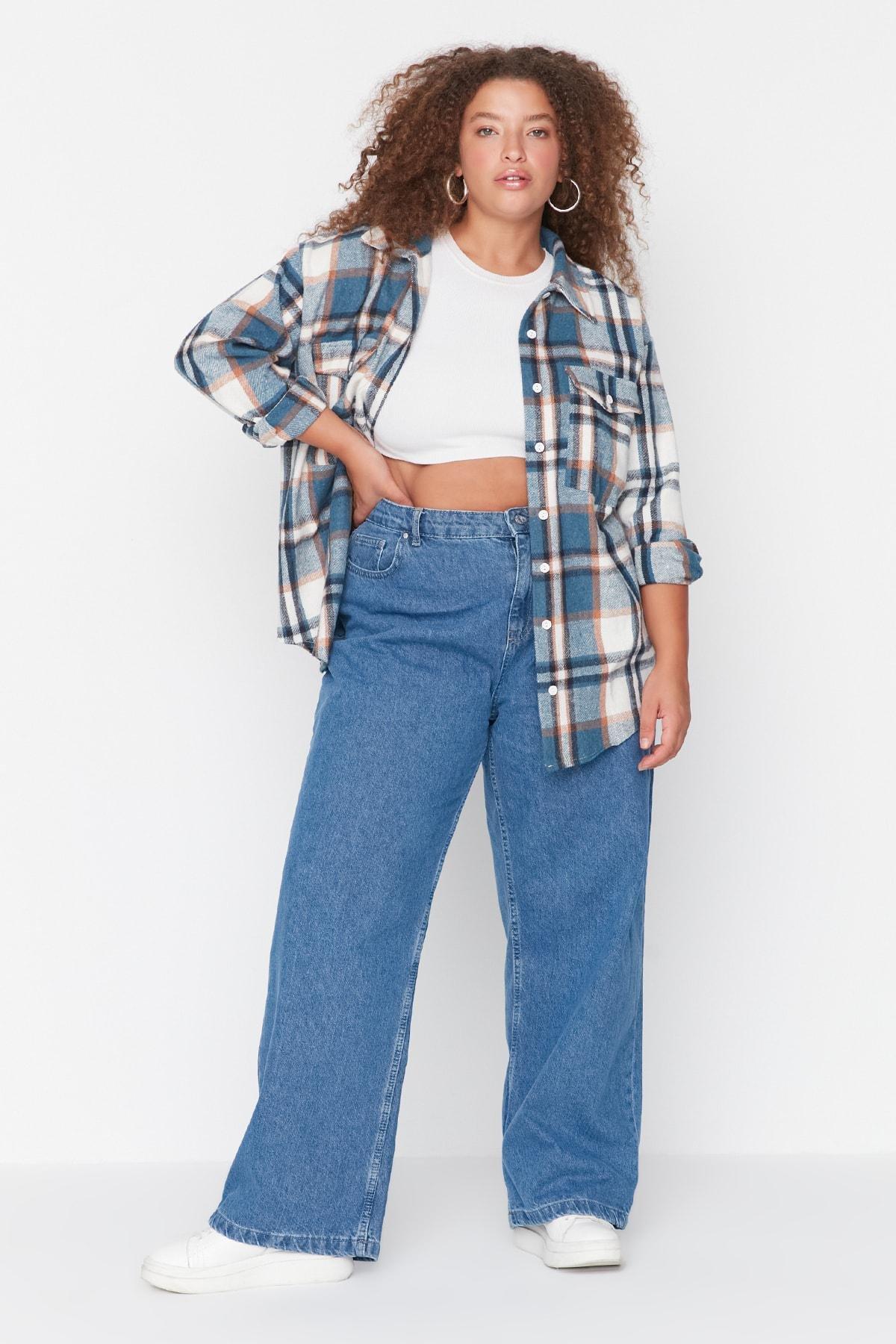 Blue High Waist Wide Leg Plus Size Jeans, , large image number 0