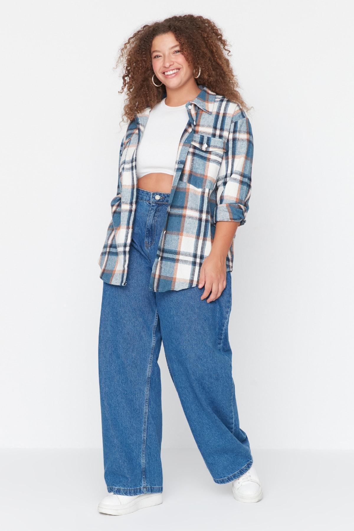 Trendyol - Blue High Waist Wide Leg Plus Size Jeans