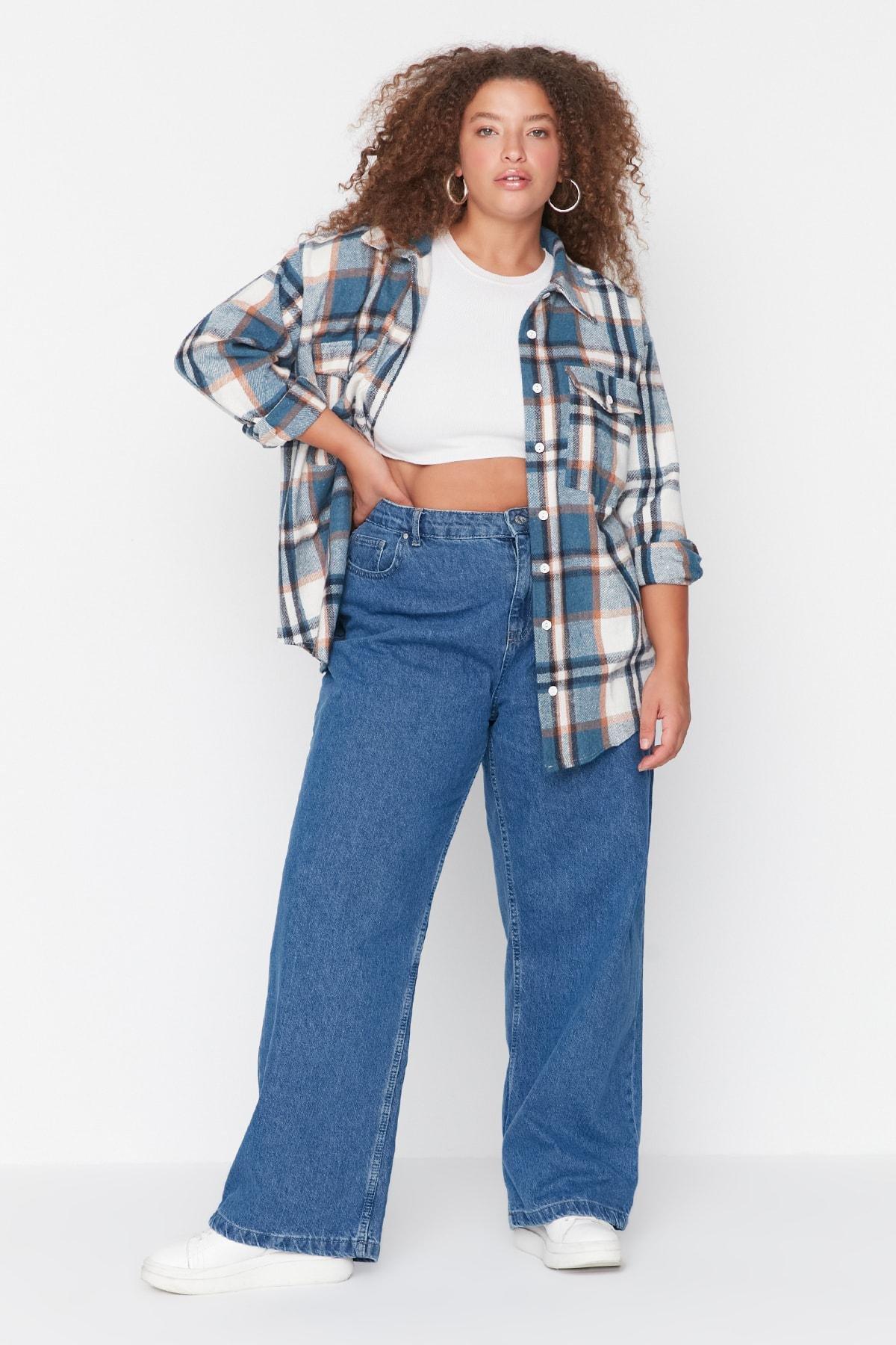 Blue High Waist Wide Leg Plus Size Jeans, , large image number 2