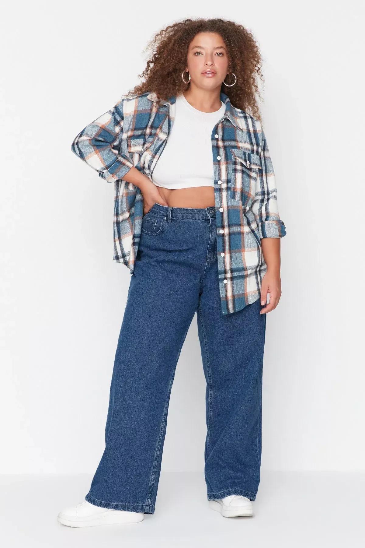 Blue High Waist Wide Leg Plus Size Jeans, Blue, medium