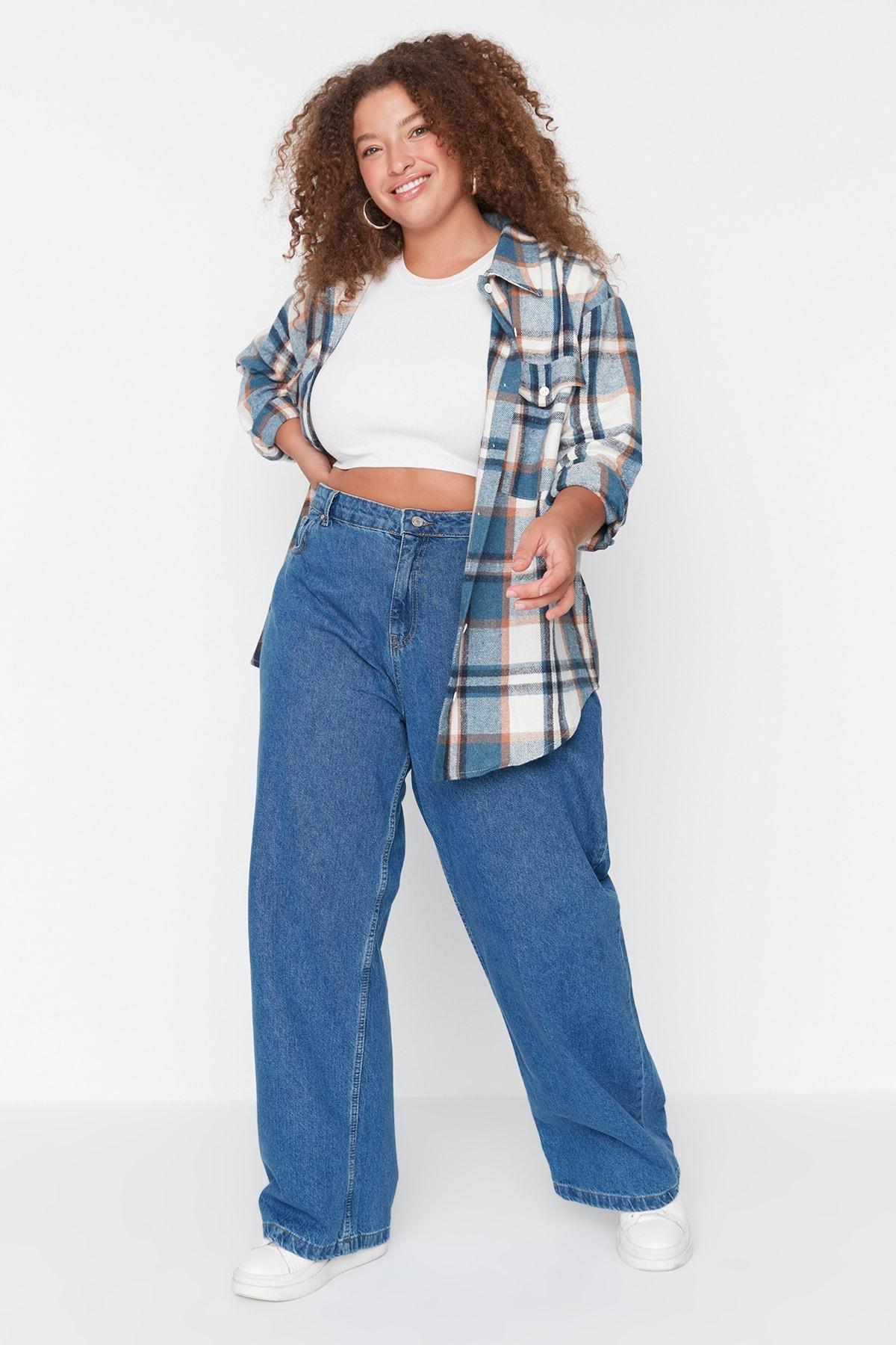 Trendyol - Blue High Waist Wide Leg Plus Size Jeans