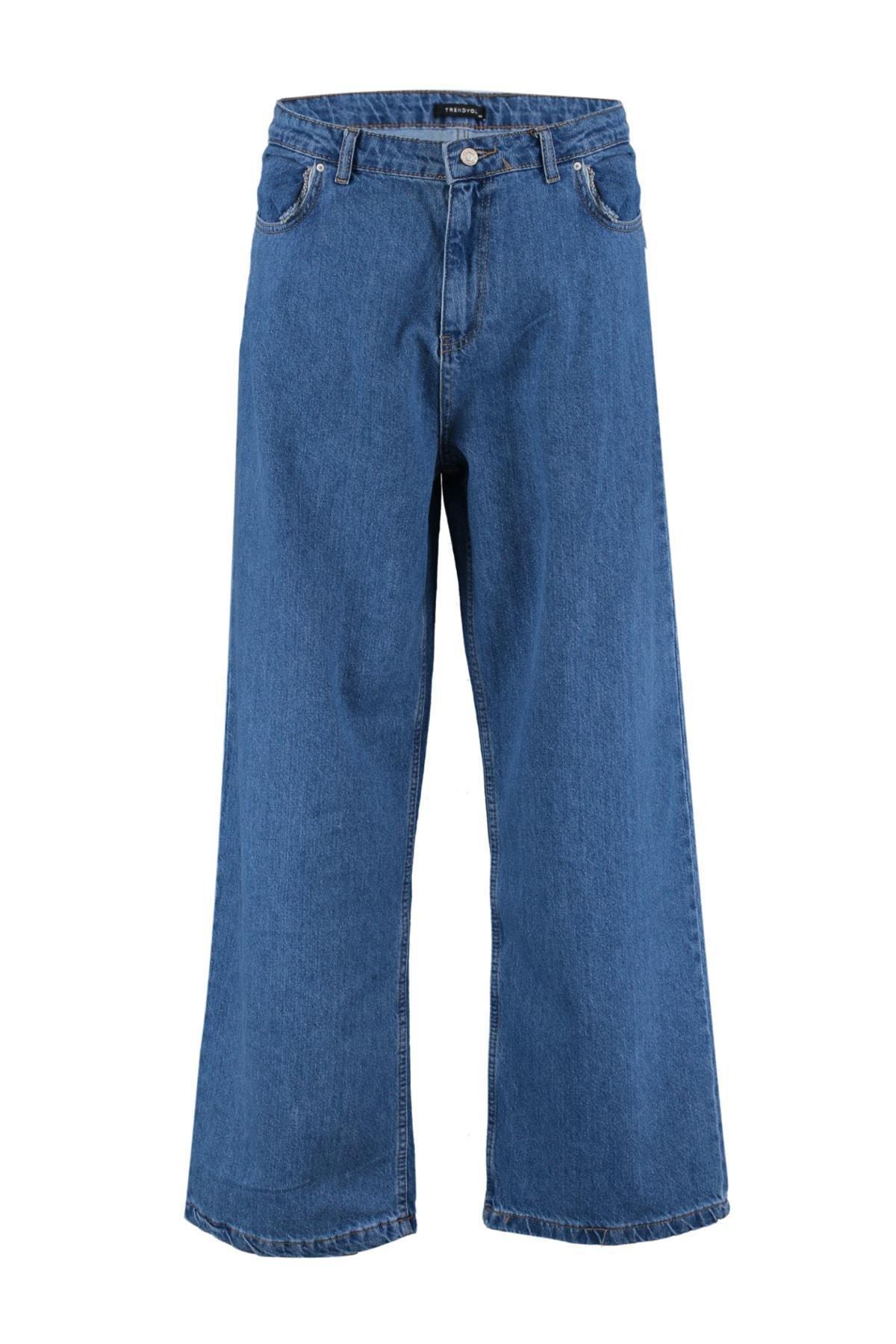 Trendyol - Blue High Waist Wide Leg Plus Size Jeans