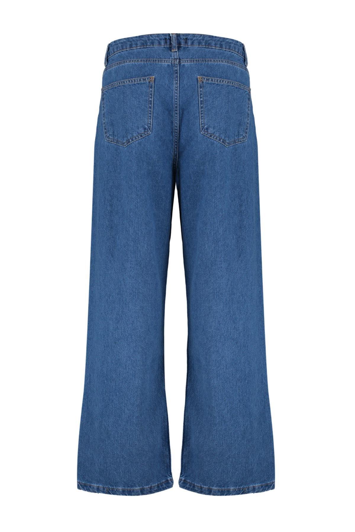 Trendyol - Blue High Waist Wide Leg Plus Size Jeans